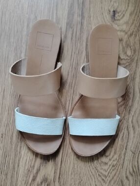 Dolce Vita Two-Band Slide Sandals in Tan and White
